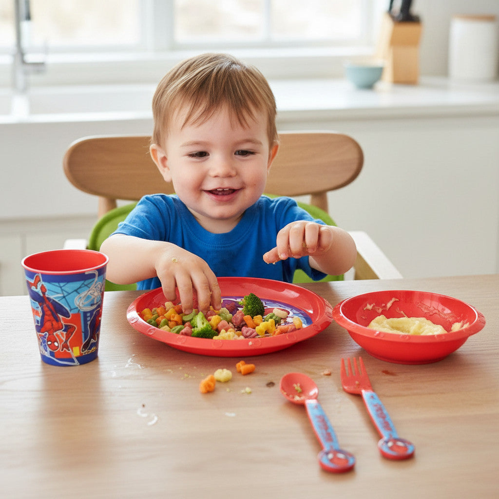 Set di stoviglie riutilizzabile per bambini bicolore – Set composto da 5 pezzi: Piatto, ciotola, bicchieri e posate per bambini e bebé SPIDER