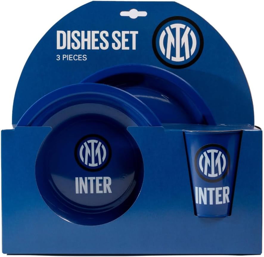 Inter Set Piatti TIFOSO calcio, Gadget Bambini Regalo Scuola - Idea Compleanno Bimbo – Piatto Blu Piano e Fondo Bicchiere 260 ml in Plastica Rigida Lavabili adatti al Microonde, Bpa Free