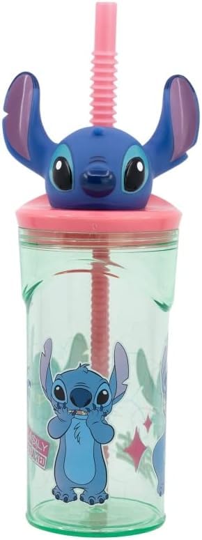 Bicchiere 360ml con Cannuccia e Personaggio 3D Bambini BPA free ( STITCH)