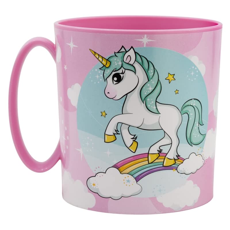 Tazza Bicchiere in plastica 350ml Microonde con manico Bambini colazione BPA-free (Unicorno Bambina)