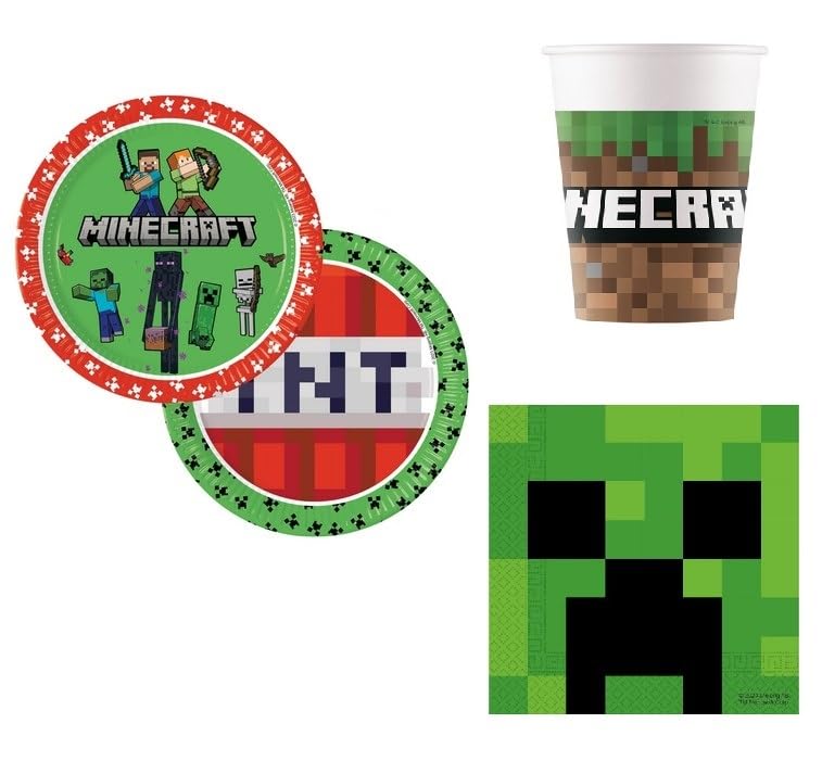 Kit Festa 8 Persone Set Tavola Addobbi Party Compleanno con 8 Piatti, 8 Bicchieri e tovaglioli MINECRAFT