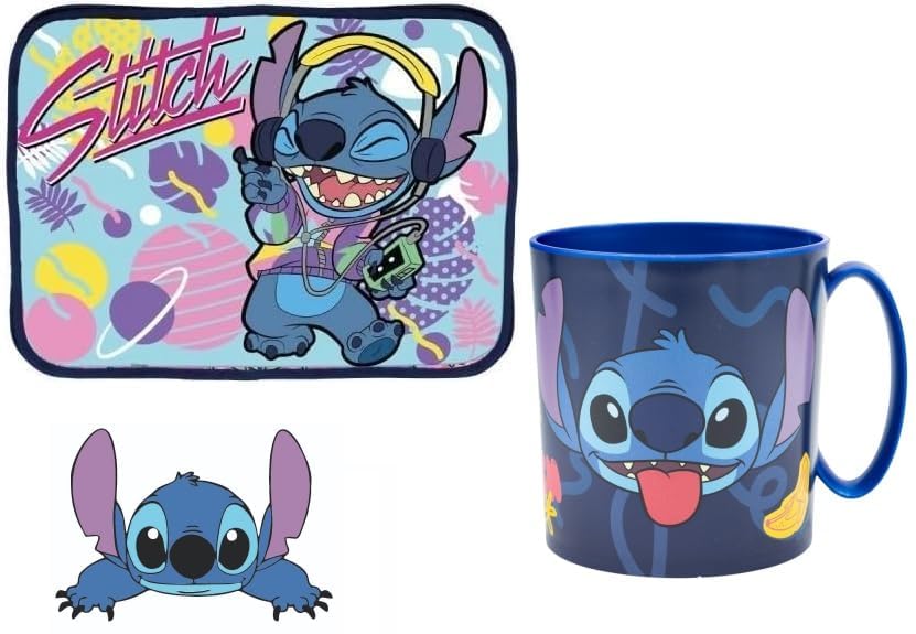 Set Merenda Colazione 2 Pezzi con Tovaglietta Ripiegabile Morbida Sottopiatto Pieghevole e Tazza Bicchiere 350ml Microonde ( STITCH)