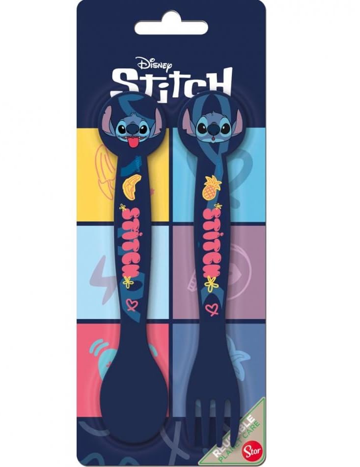 Set Posate Bambini in Plastica Alimentare senza BPA - Forchetta e Cucchiaio Made in Spain (Stitch)