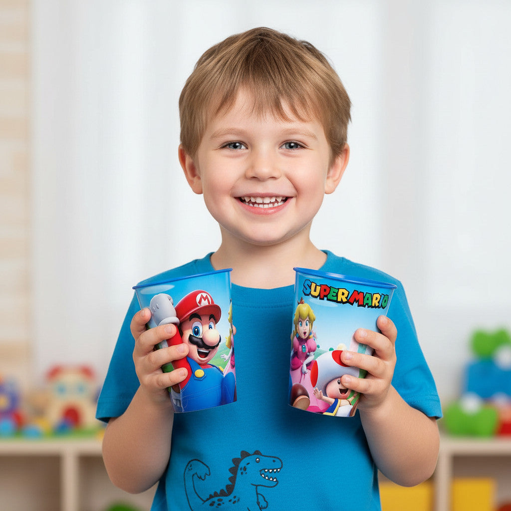 Set 2 Bicchieri per Bambini 260 ml in plastica Regalo per Ragazzi - Adatto per lavastoglie e microonde MARIO