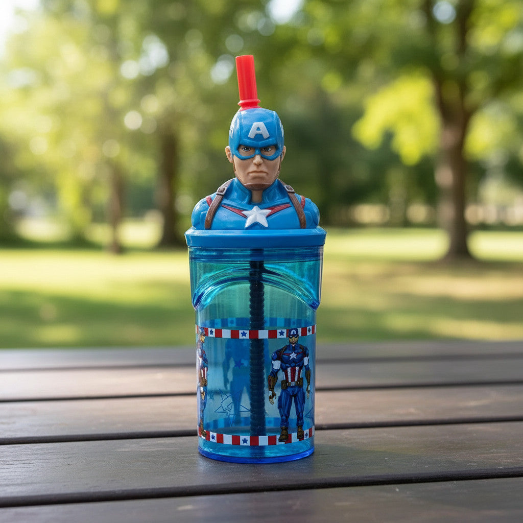 Bicchiere 360ml con Cannuccia e Personaggio 3D Borraccia per Bambini e Ragazzi AVENGERS