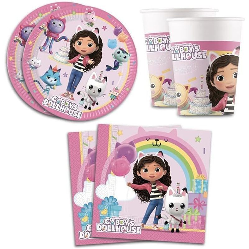 Kit Festa 8 Persone Set Tavola Addobbi Party Compleanno con 8 Piatti, 8 Bicchieri e tovaglioli GABBY