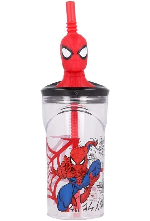 Bicchiere 360ml con Cannuccia e Personaggio 3D Spiderman BPA Free per Bambini