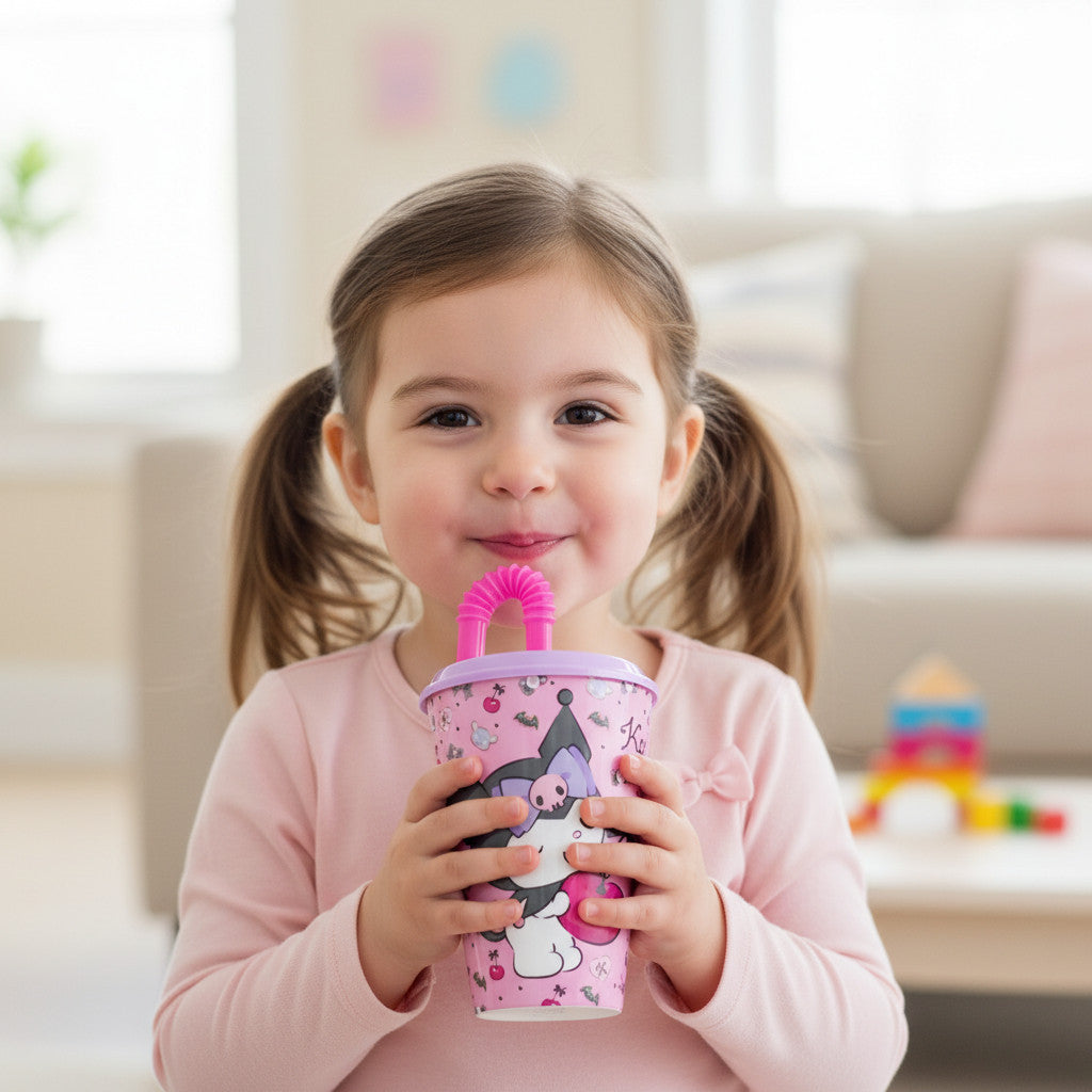 KUROMI - Bicchiere ufficiale Per Bambini Con Cannuccia e coperchio Riutilizzabile - 430 ml