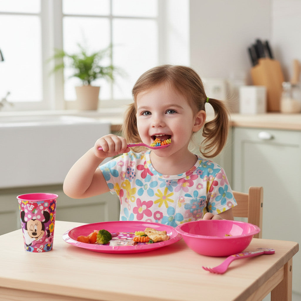 Set di stoviglie riutilizzabile per bambini bicolore – Set composto da 5 pezzi: Piatto, ciotola, bicchieri e posate per 