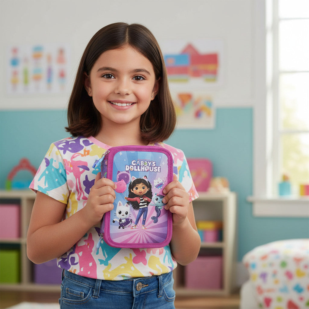 Portapenne Astuccio Triplo Borsellino Scuola e Asilo per Bambini e Ragazzi GABBY