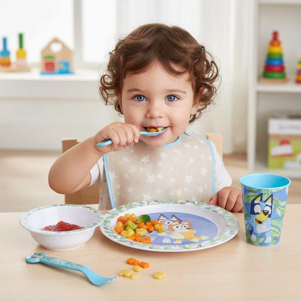 Set di stoviglie riutilizzabile per bambini bicolore – Set composto da 5 pezzi: Piatto, ciotola, bicchieri e posate per 