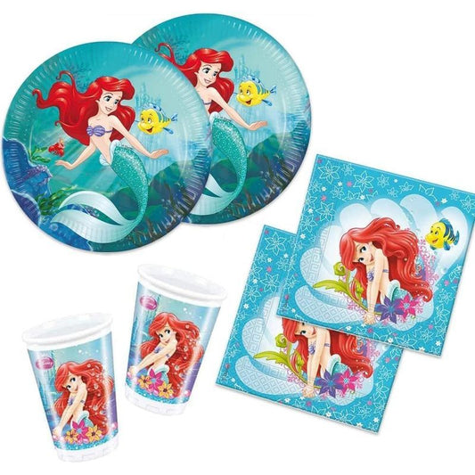 Kit Festa 8 Persone Set Tavola Addobbi Party Compleanno con 8 Piatti, 8 Bicchieri e tovaglioli Ariel Sirenetta