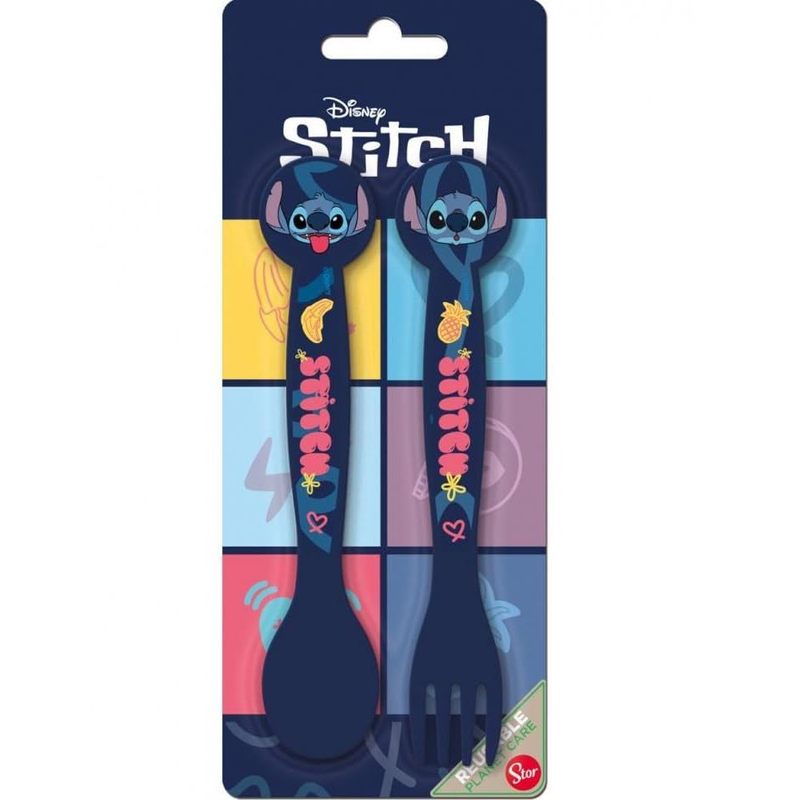 Set Posate  Bambini in Plastica Alimentare senza BPA - Forchetta e Cucchiaio Made in Spain (Stitch)