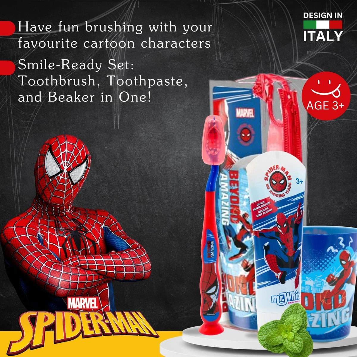 SPIDER - Pochette Astuccio SET 3 pezzi con Bicchiere, Spazzolino e Dentifricio da ML 75 - Idea Regalo - Igiene orale per