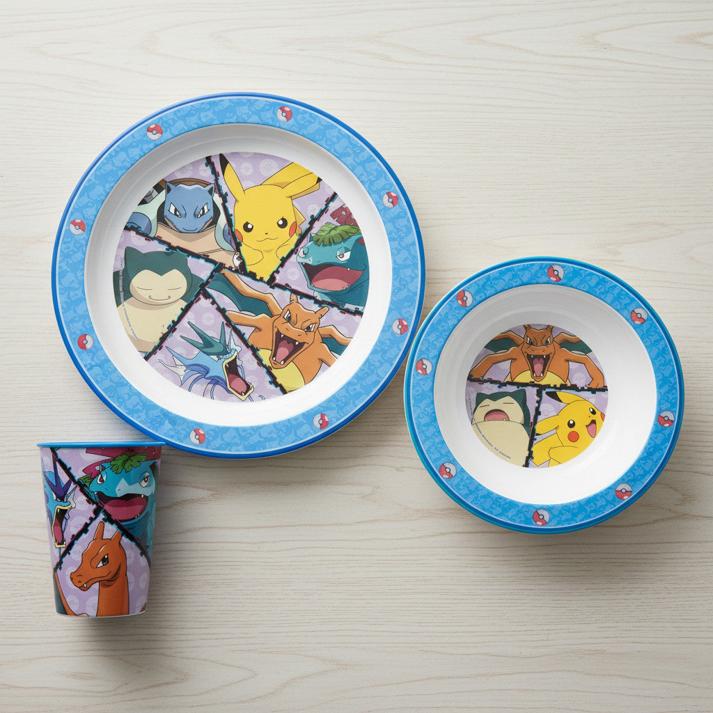 POKEMON - Set di stoviglie riutilizzabile per bambini bicolore – Set composto da 3 pezzi: Piatto, ciotola e bicchiere per bambini e bebé