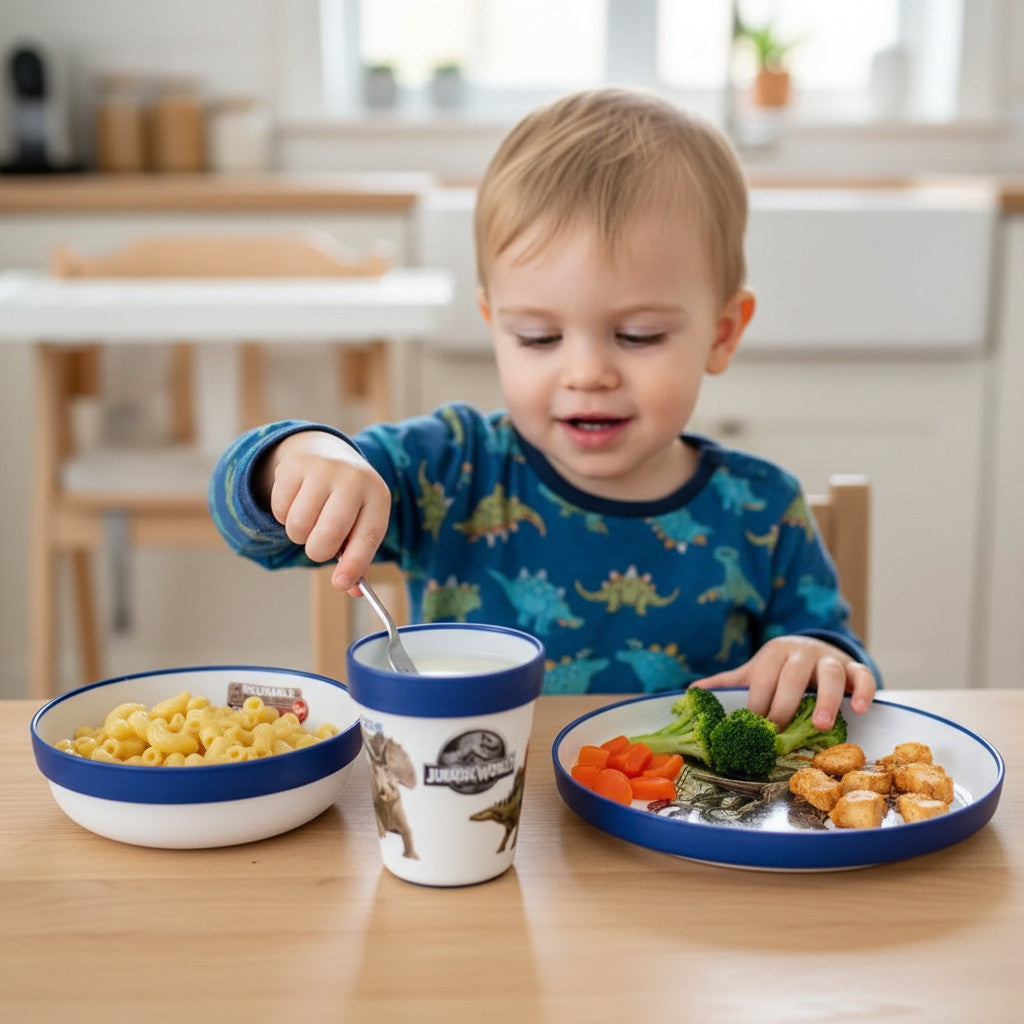 Set di stoviglie riutilizzabile  bambini bicolore – Set composto da 3 pezzi: Piatto, ciotola e bicchiere  bambini e bebé