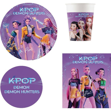 Kit Festa 8 Persone Set Tavola Addobbi Party Compleanno con 8 Piatti, 8 Bicchieri e tovaglioli KPop Demon Hunters