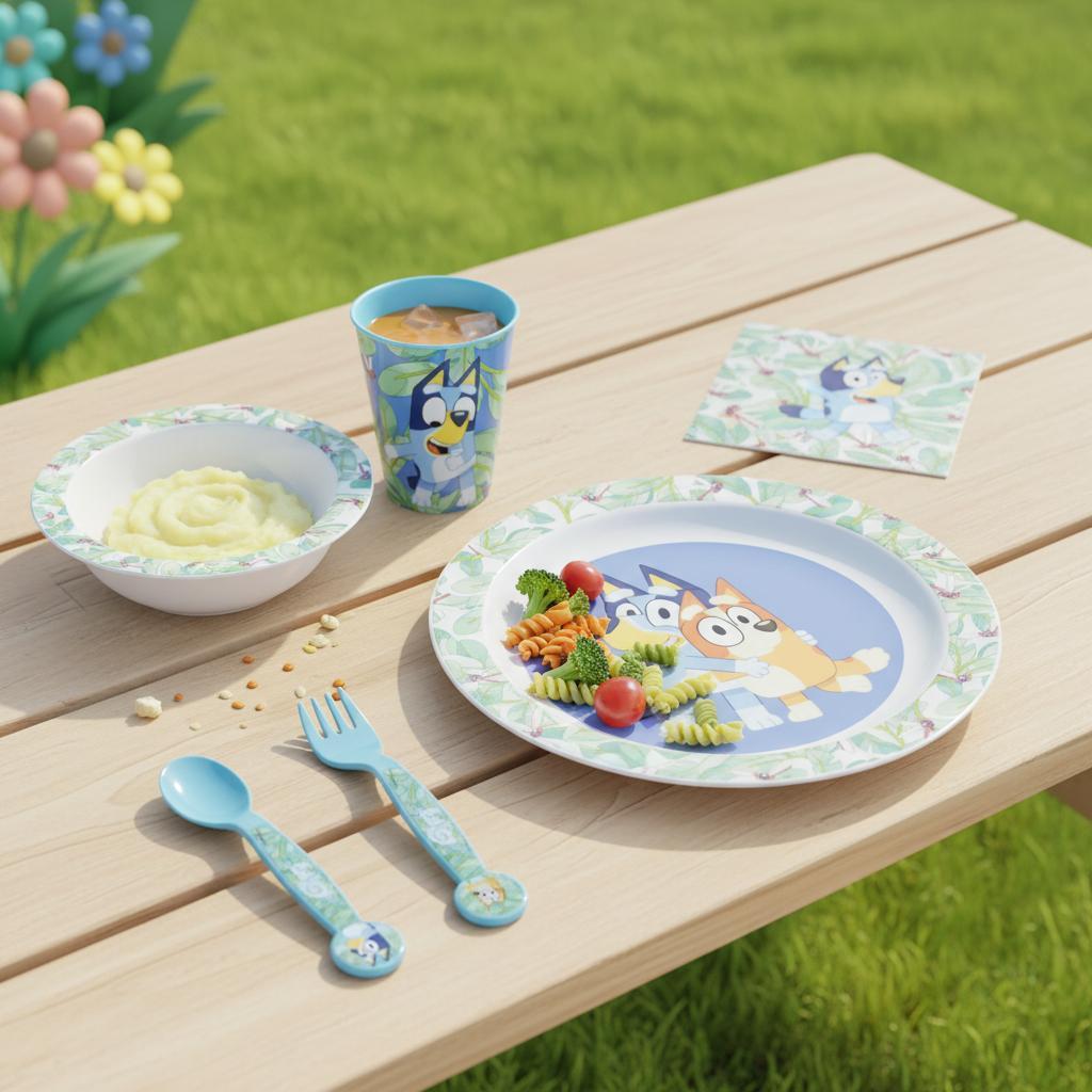 Set di stoviglie riutilizzabile per bambini bicolore – Set composto da 5 pezzi: Piatto, ciotola, bicchieri e posate per 