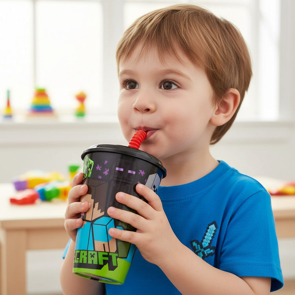 Bicchiere per Bambini Minecraft con Cannuccia e Coperchio Riutilizzabile - 430 ml