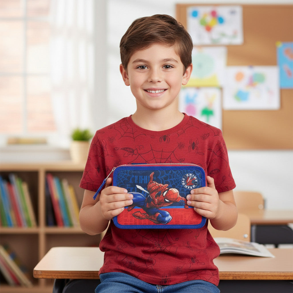 Portapenne Astuccio Triplo Borsellino Scuola e Asilo per Bambini e Ragazzi Supereroi SPIDER