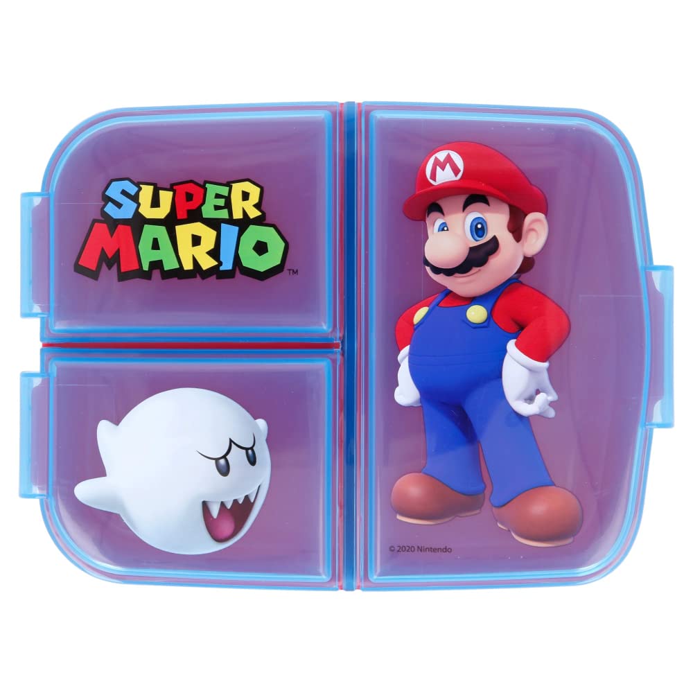 Porta Merenda Scuola con 3 scomparti Portamerenda in Plastica Bambini Pranzo Launch Box - BPA Free (SuperMario)