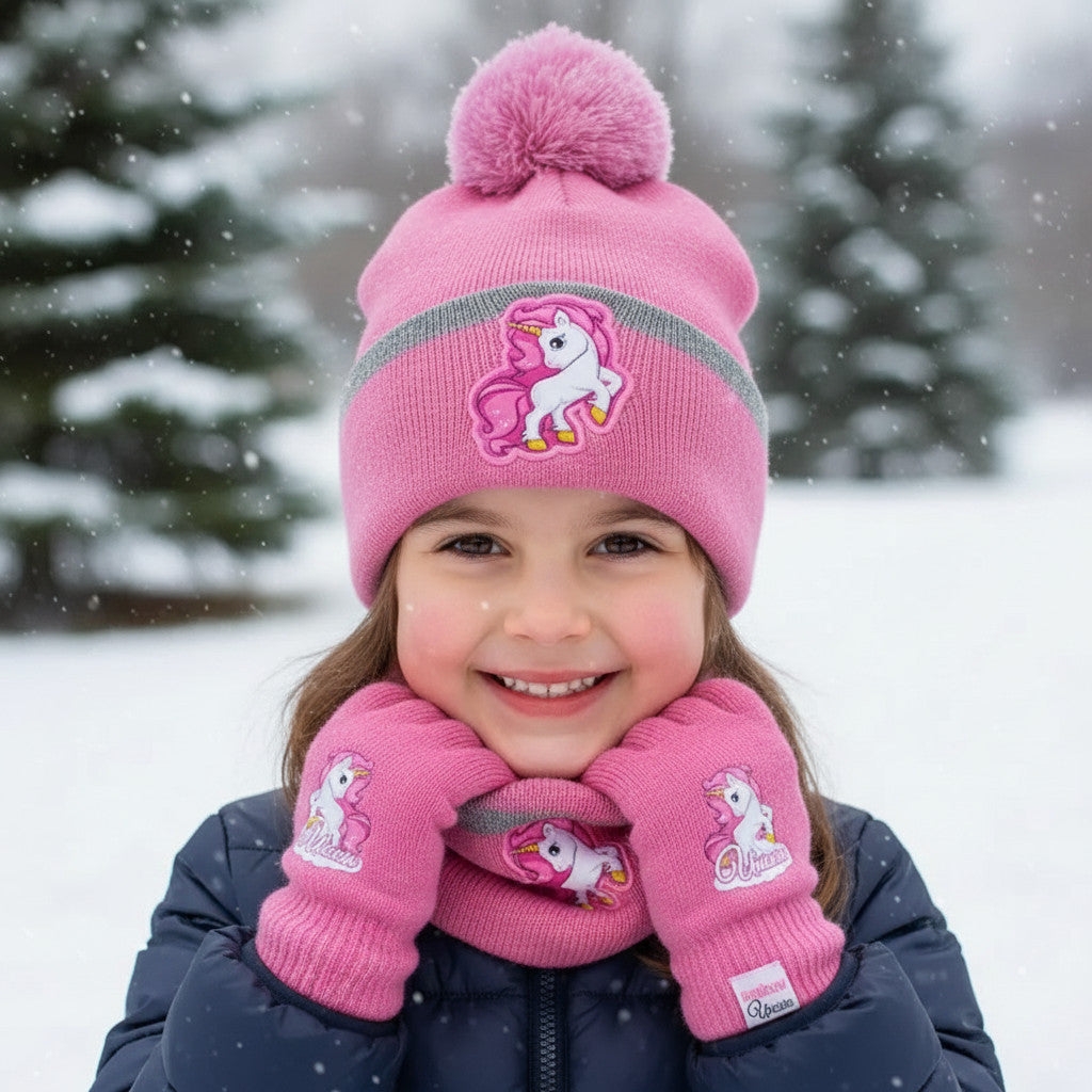 Set 3 pezzi con Cappello Invernale, Scaldacollo Sciarpa e Guanti per Bambini - Taglia Unica - Morbidi e Caldi (UNICORNO 