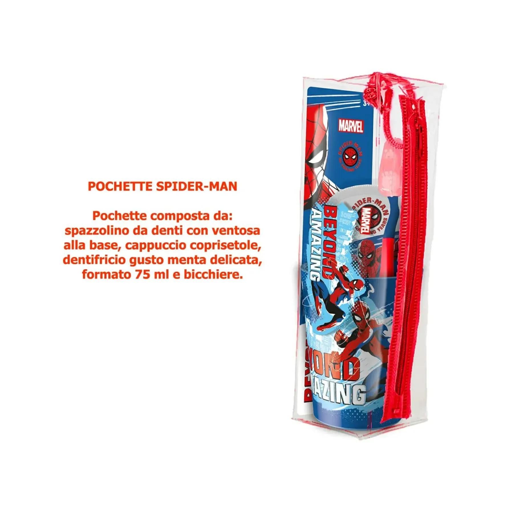 SPIDER - Pochette Astuccio SET 3 pezzi con Bicchiere, Spazzolino e Dentifricio da ML 75 - Idea Regalo - Igiene orale per Bambini