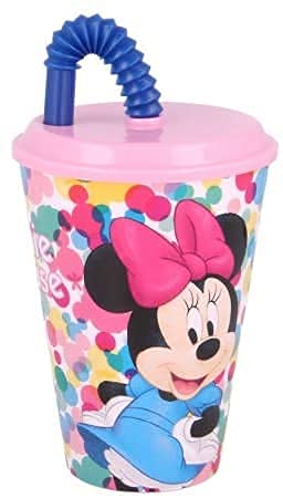 Bicchiere Sport con Cannuccia e Coperchio 430 ml Bambini in Plastica Senza BPA (Minnie Mouse Topolina)