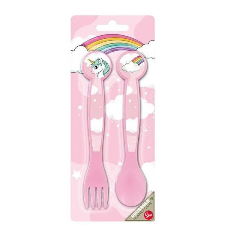 Set Posate  Bambini in Plastica Alimentare senza BPA - Forchetta e Cucchiaio Made in Spain (Unicorno)