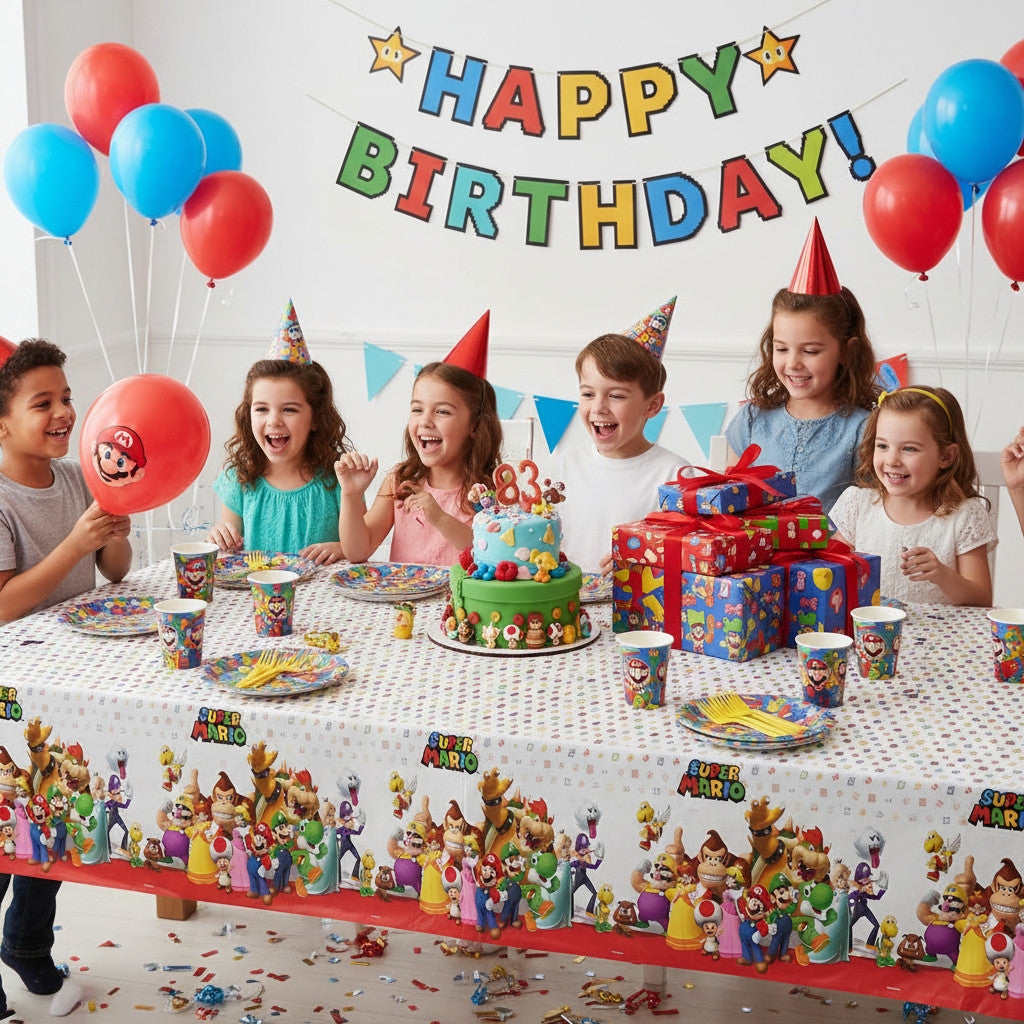 Tovaglia decorazione per compleanno dei bambini e feste a tema, Rettangolare, 120 cm x 180 cm, lavabile MARIO