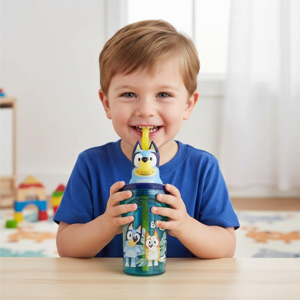 Bicchiere 360ml con Cannuccia e Personaggio 3D Borraccia per Bambini e Ragazzi