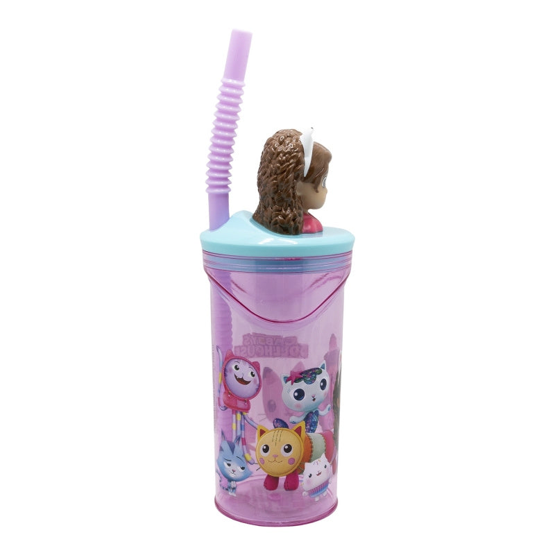 Bicchiere 360ml con Cannuccia e Personaggio 3D - Borraccia per Bambini e Ragazzi GABBY'S DOLLHOUSE