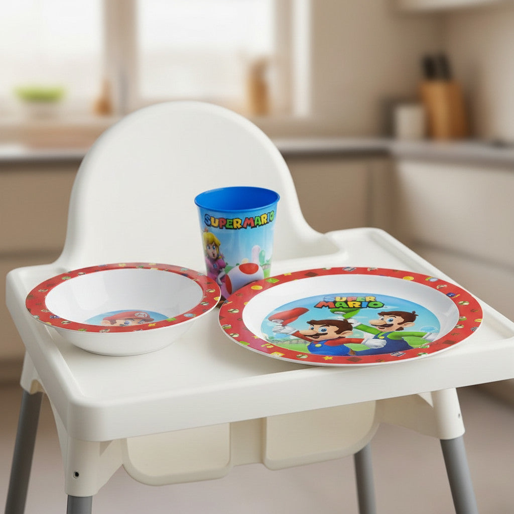 Set di stoviglie riutilizzabile per bambini bicolore – Set composto da 3 pezzi: Piatto, ciotola e bicchiere per bambini e bebé SUPERMARIO
