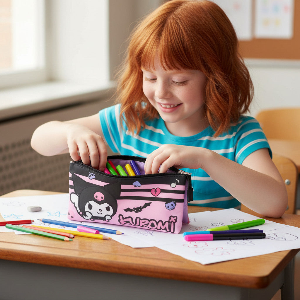 Portapenne Astuccio Triplo Borsellino Scuola e Asilo per Bambini e Ragazzi 22x12cm KUROMI