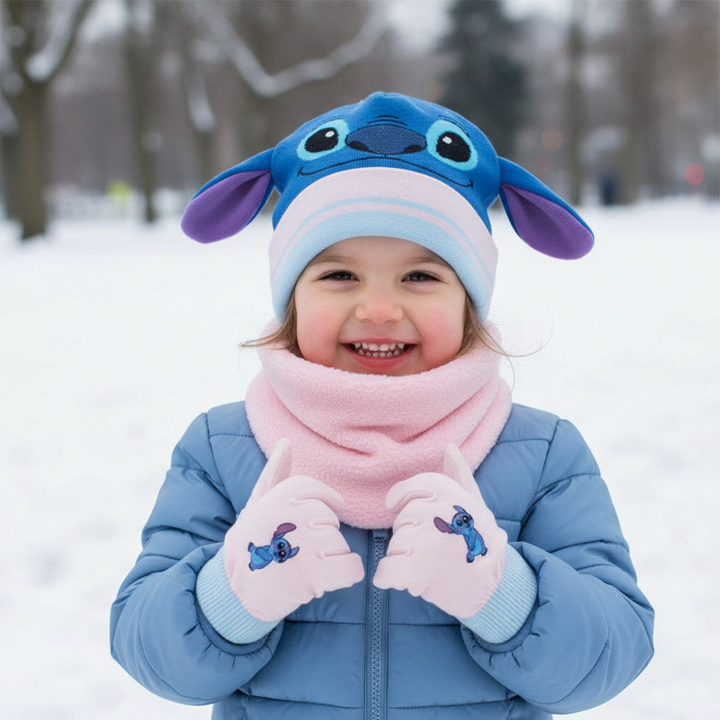 Set 3 Pezzi Stitch Cappello Scaldacollo Guanti Invernale Bambini