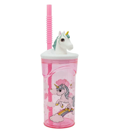Bicchiere 360ml con Cannuccia e Personaggio 3D  Bambini BPA free (Unicorno)