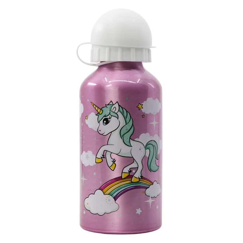 Borraccia Scuola Bottiglia Sport in Alluminio Bambini 400ml con Beccuccio Retraibile (Unicorno)