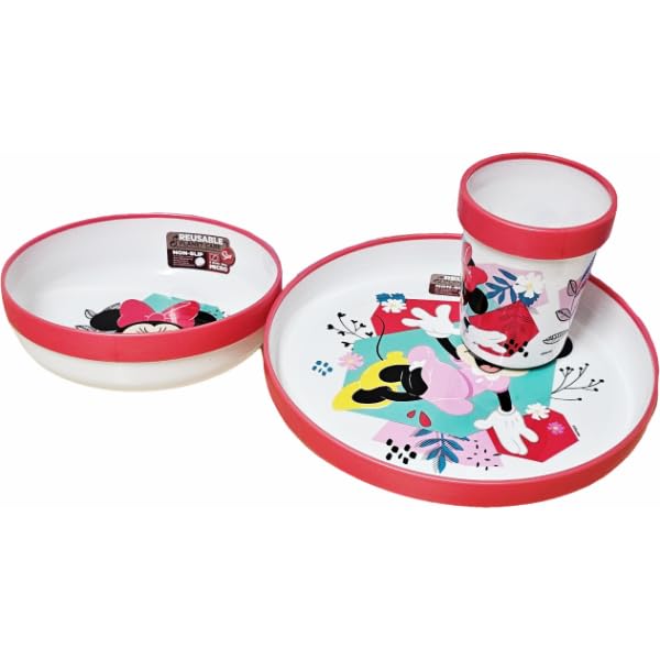 Set di stoviglie riutilizzabile  bambini bicolore – Set composto da 3 pezzi: Piatto, ciotola e bicchiere  bambini e bebé con base antiscivolo – Senza BPA ( MINNIE MOUSE)