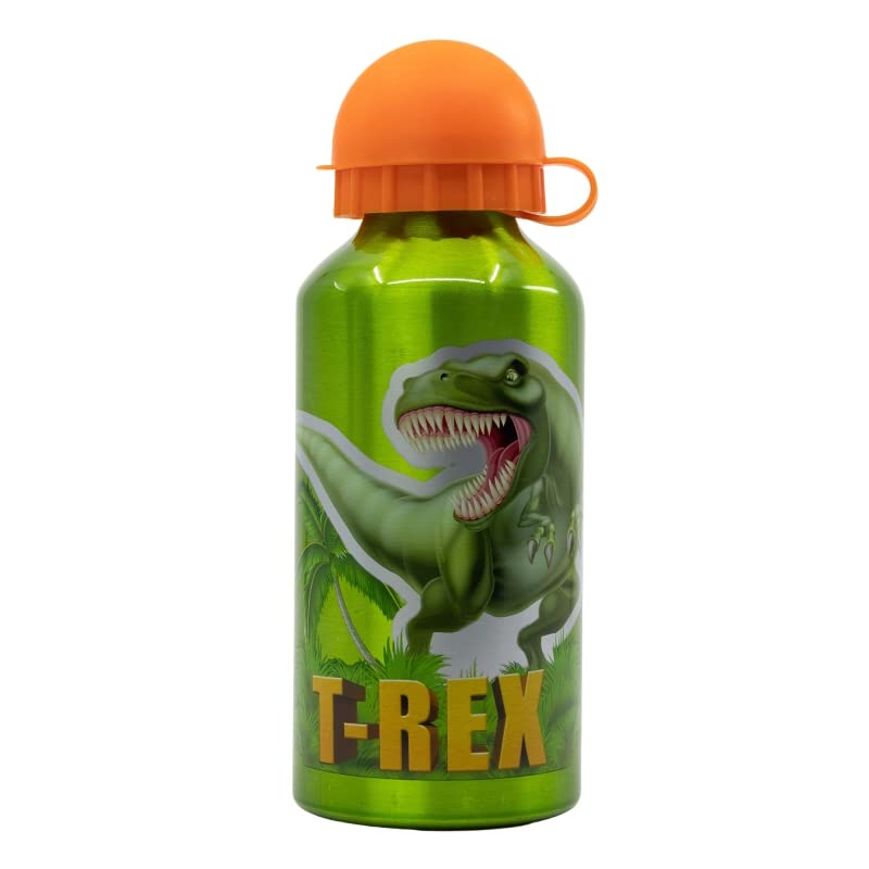 Borraccia Scuola Bottiglia Sport in Alluminio Bambini 400ml con Beccuccio Retraibile (Dinosauri T-Rex)