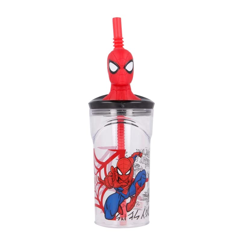 Bicchiere 360ml con Cannuccia e Personaggio 3D Spiderman BPA Free per Bambini