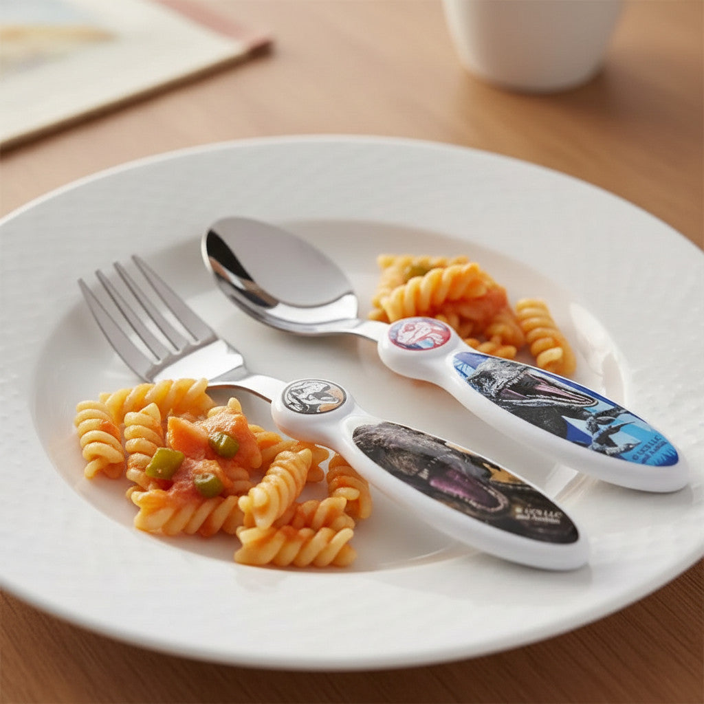 Set Posate  Bambini in Acciaio Inossidabile - Forchetta e Cucchiaio ( JURASSIC WORLD)