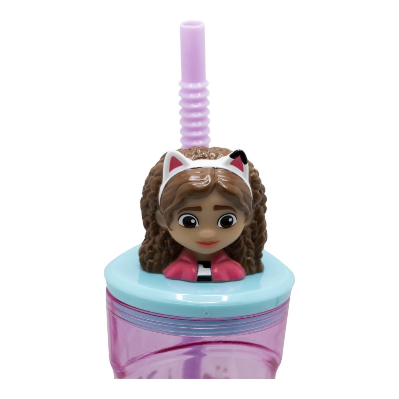 Bicchiere 360ml con Cannuccia e Personaggio 3D - Borraccia per Bambini e Ragazzi GABBY'S DOLLHOUSE