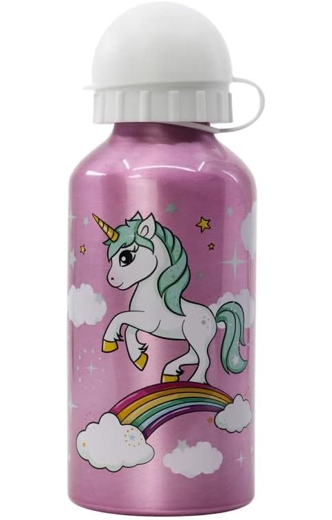 Borraccia Scuola Bottiglia Sport in Alluminio Bambini 400ml con Beccuccio Retraibile (Unicorno)