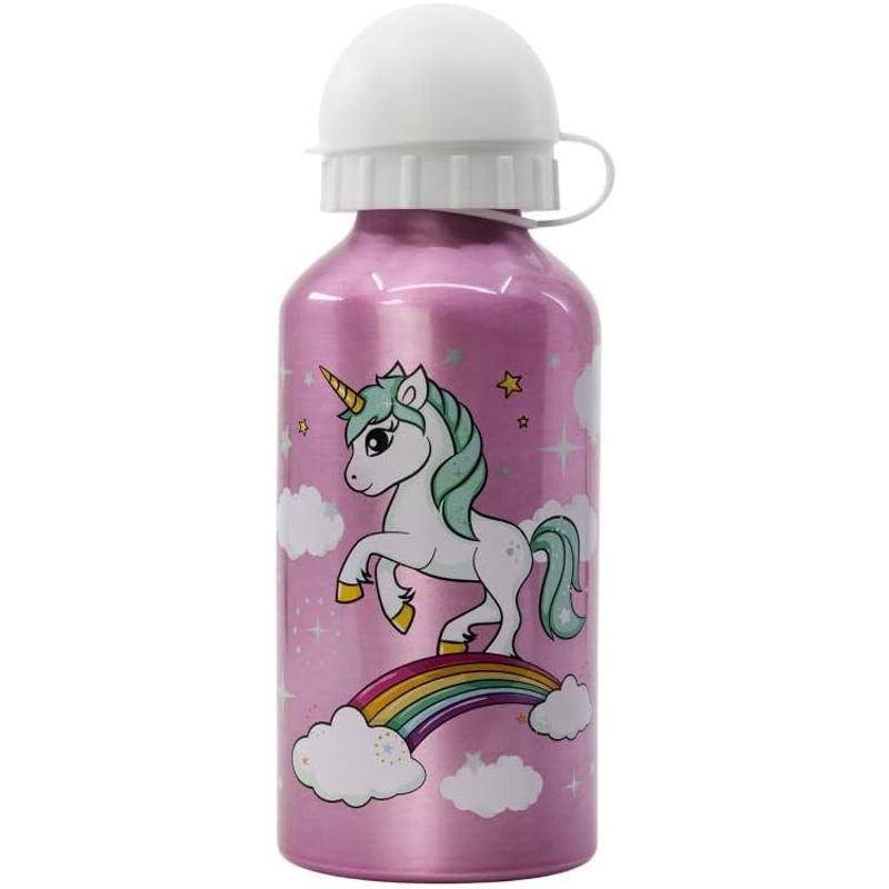 Borraccia Scuola Bottiglia Sport in Alluminio Bambini 400ml con Beccuccio Retraibile (Unicorno)