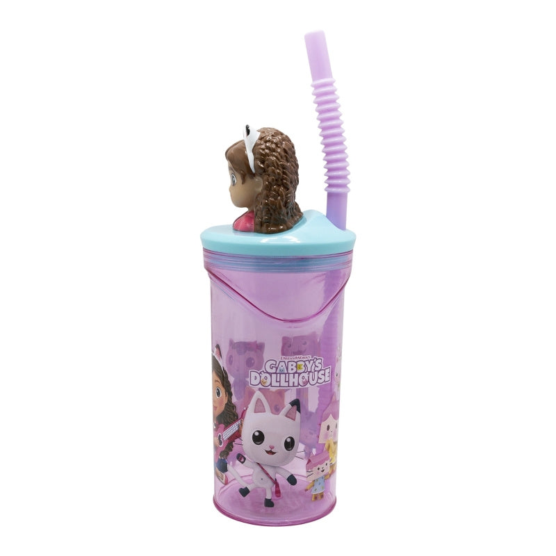 Bicchiere 360ml con Cannuccia e Personaggio 3D - Borraccia per Bambini e Ragazzi GABBY'S DOLLHOUSE