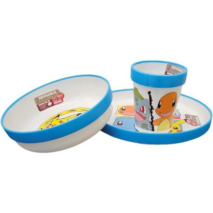 Set di stoviglie riutilizzabile per bambini bicolore – Set composto da 3 pezzi: Piatto, ciotola e bicchiere per bambini e bebé con base antiscivolo – Senza BPA (per POKEMON)