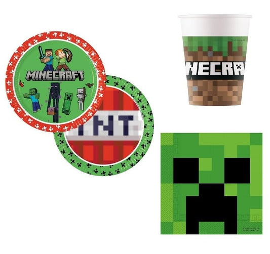 Kit Festa 8 Persone Set Tavola Addobbi Party Compleanno con 8 Piatti, 8 Bicchieri e tovaglioli  MINECRAFT