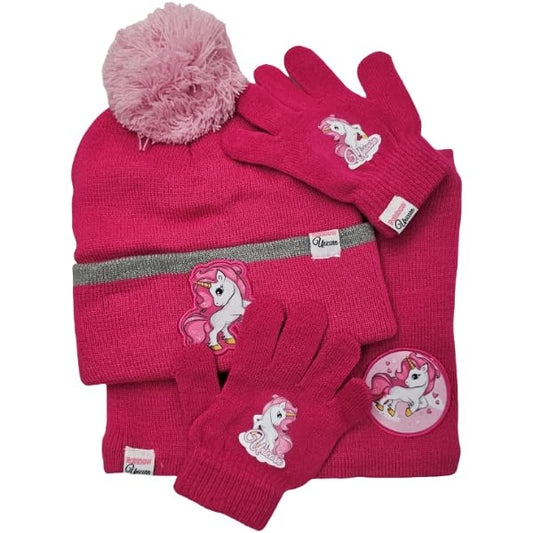 Set 3 pezzi con Cappello Invernale, Scaldacollo Sciarpa e Guanti  Bambini - Taglia Unica - Morbidi e Caldi (UNICORNO Fucsia)