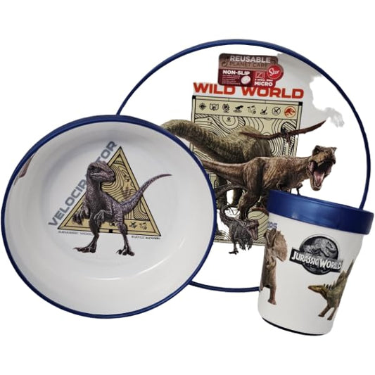 Set di stoviglie riutilizzabile  bambini bicolore – Set composto da 3 pezzi: Piatto, ciotola e bicchiere  bambini e bebé con base antiscivolo – Senza BPA ( JURASSIC WORLD)