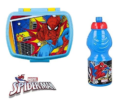 Set Pranzo Scuola 2 Pezzi Portamerenda e Borraccia in Plastica Bambini Bambino Merenda Launch Box - BPA Free (Spiderman)